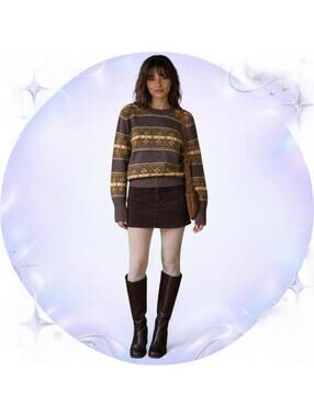 Vintage 60s Orlon Fair Isle Sweater Brown Mustard Cream